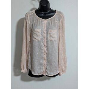 LOFT Peach Floral Blouse Long Sleeve Button Front Career Casual Top Size S